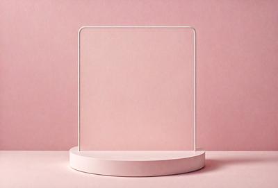 The primary subject of the image is a white square or rectangle, which is placed on a pink surface. The setting appears to be a room with a pink background. The visual style of the image is a photo, and the colors and mood are predominantly pink and warm.