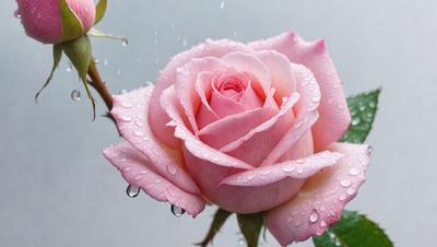 The primary subject of the image is a pink rose with water droplets on it. The rose is placed on a gray surface, which serves as the setting or background. The visual style of the image is a close-up of the rose, showcasing its details and beauty. The dominant colors in the image are pink and gray, creating a calm and serene atmosphere.