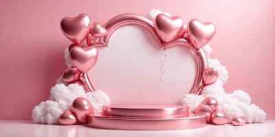 The primary subject of the image is a heart-shaped mirror with a pink frame. The setting is a pink background, and the visual style is a photo. The colors and mood of the image are predominantly pink, creating a warm and romantic atmosphere.