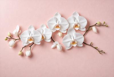The primary subject of the image is a row of white flowers, likely orchids, arranged on a pink background. The flowers are placed on a branch, creating a visually appealing and elegant display. The setting appears to be a studio or a controlled environment, as the flowers are neatly arranged and the background is consistent. The visual style of the image is a combination of photo and digital art, as the flowers are captured in a realistic manner while the pink background adds a touch of creativity and artistic flair. The