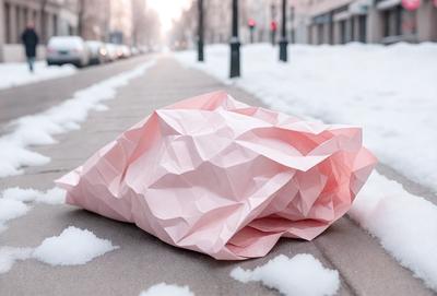 The primary subject of the image is a pink paper bag, which is lying on the snow-covered ground. The setting is a snowy street, with a sidewalk visible in the background. The visual style of the image is a photo, capturing the pink paper bag in its winter environment. The colors and mood of the image are predominantly pink and cold, as the bag stands out against the snowy background.