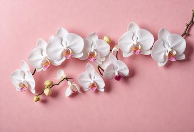 The primary subject of the image is a row of white flowers with yellow centers. These flowers are arranged in a visually appealing manner, creating a sense of elegance and beauty. The setting is a pink background, which adds a touch of warmth and contrast to the overall scene. The visual style of the image is a combination of photo and digital art, resulting in a high-quality and detailed representation of the flowers. The colors and mood of the image are predominantly white and pink, evoking feelings of pur