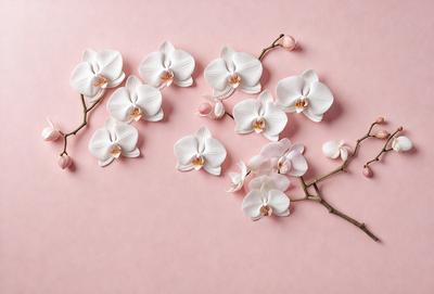 The primary subject of the image is a bouquet of white flowers, which are arranged in a visually appealing manner. The flowers are placed on a pink background, creating a contrast between the white flowers and the pink surface. The visual style of the image is a combination of photo and digital art, as it appears to be a close-up of the flowers, yet the overall atmosphere is one of elegance and beauty.