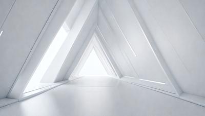 The image features a white room with a long, narrow hallway. The hallway is adorned with a series of white triangles, creating a visually striking pattern. The room appears to be empty, with no people or objects visible. The overall atmosphere is clean, minimalistic, and serene.
