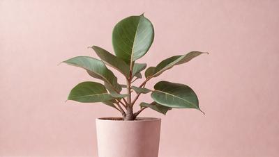 The primary subject of the image is a potted plant with green leaves. The plant is placed in a pink pot, which is sitting on a pink surface. The setting appears to be indoors, with a focus on the plant and its pot. The visual style of the image is a close-up of the plant, highlighting its leaves and the pink pot. The colors in the image are predominantly pink and green, creating a warm and inviting atmosphere.