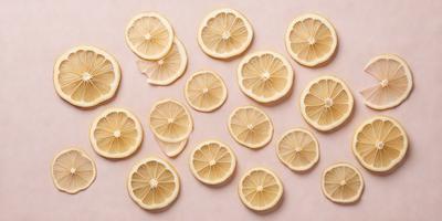 The primary subject of the image is a group of sliced lemons. They are arranged on a pink surface, which serves as the background. The lemons are displayed in various positions, with some slices placed closer to the viewer and others further away. The visual style of the image is a close-up of the sliced lemons, showcasing their texture and details. The colors in the image are predominantly yellow, which is the color of the lemons, and pink, which is the color