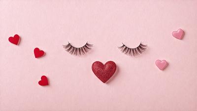 The primary subject of the image is a heart-shaped piece of paper with a pair of fake eyelashes glued to it. The heart is placed on a pink background, which adds a warm and romantic touch to the scene. The visual style of the image is a combination of digital art and illustration, as the heart and eyelashes are carefully crafted and placed on the paper. The colors and mood of the image are predominantly pink, which evokes feelings of love and affection
