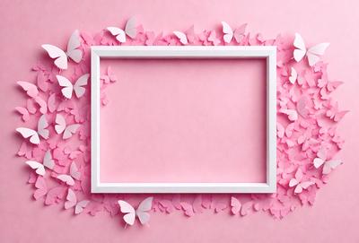 The primary subject of the image is a white frame with a pink background. The frame is adorned with a variety of pink butterflies, creating a visually appealing and playful scene. The setting appears to be a creative and artistic environment, possibly a studio or a workspace for an artist or designer. The visual style of the image is a combination of digital art and illustration, with the butterflies and the frame being digitally created or manipulated. The colors and mood of the