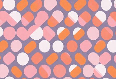 The primary subject of the image is a pattern of pink and orange circles. The setting is a purple background, which adds a contrasting color to the scene. The visual style appears to be a combination of digital art and illustration, creating a unique and eye-catching design. The dominant colors in the image are pink and orange, giving the pattern a warm and vibrant atmosphere.