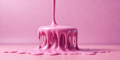 The primary subject of the image is a pink frosting, which appears to be melting or dripping off a cake. The setting is a pink background, which complements the color of the frosting. The visual style is a close-up of the frosting, showcasing its texture and appearance. The colors and mood of the image are predominantly pink, creating a warm and inviting atmosphere.
