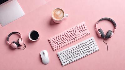 The primary subject of the image is a pink computer keyboard and mouse sitting on a pink surface. The keyboard is white, and the mouse is white and black. The setting is a pink table, and the visual style is a photo. The colors and mood of the image are predominantly pink, creating a warm and inviting atmosphere.
