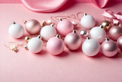 The primary subject of the image is a string of pink and white ornaments, which are likely Christmas ornaments. The ornaments are hanging on a pink background, creating a festive and warm atmosphere. The visual style of the image is a close-up of the ornaments, showcasing their details and colors. The colors and mood of the image are predominantly pink and white, giving it a cheerful and celebratory feel.