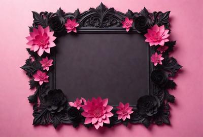 The primary subject of the image is a black picture frame with a pink background. The frame is adorned with pink flowers, creating a visually appealing and elegant display. The setting is a pink wall, which provides a contrasting backdrop to the picture frame. The visual style of the image is a combination of digital art and illustration, as the flowers and the frame are skillfully crafted to create a realistic and attractive scene. The colors and mood of the image are predominantly pink,