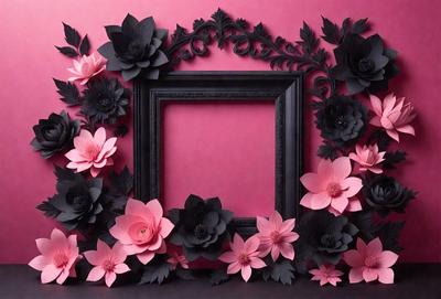 The primary subject of the image is a pink frame with a black border, which is adorned with a variety of flowers. The setting is a pink wall, and the visual style appears to be a combination of photo and digital art. The dominant colors are pink and black, creating a warm and elegant atmosphere.