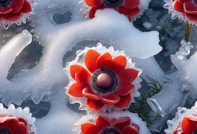 The primary subject of the image is a close-up of a red flower, which appears to be frozen in ice. The flower is surrounded by a snowy environment, giving the scene a cold and icy atmosphere. The visual style of the image is a combination of photo and digital art, as it captures the intricate details of the flower while also showcasing the icy texture. The dominant colors in the image are red and white, with the red flower standing out against the white snow.
