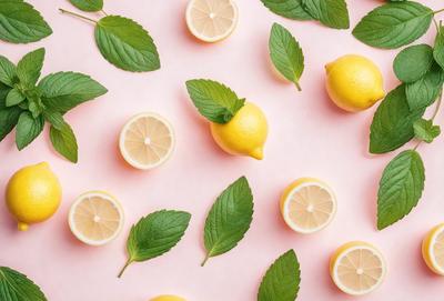 The primary subject of the image is a close-up of a lemon, which is placed on a pink background. The lemon is surrounded by green leaves, creating a visually appealing and fresh composition. The setting appears to be a still life arrangement, with the lemon and leaves as the main focus. The visual style of the image is a close-up, which emphasizes the details of the lemon and leaves. The colors in the image are predominantly pink and green, giving the scene a fresh and v