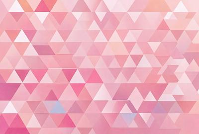 The primary subject of the image is a large, colorful, and abstract painting featuring a pink background with a pattern of triangles. The setting is a wall, and the visual style appears to be a combination of digital art and illustration. The dominant colors in the painting are pink and white, creating a warm and inviting atmosphere.