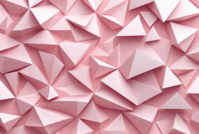 The primary subject of the image is a large pink wall made of paper. The wall is covered with a pattern of triangles, giving it a unique and interesting appearance. The setting is a room with a pink background, which complements the pink paper wall. The visual style of the image is a combination of digital art and illustration, creating a vibrant and eye-catching scene. The dominant colors in the image are pink and white, giving it a warm and inviting atmosphere.