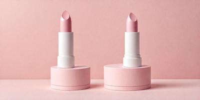 The image features two pink lipstick tubes, each placed on a pink base. The lipsticks are positioned next to each other, creating a visually appealing and harmonious display. The pink color scheme and the lipstick tubes' design contribute to a feminine and elegant atmosphere.