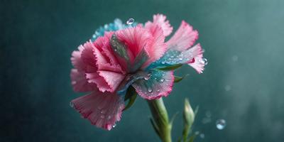 The primary subject of the image is a pink and blue flower with droplets of water on it. The flower is placed on a green surface, which serves as the setting or background. The visual style of the image is a close-up of the flower, showcasing its details and the water droplets. The colors of the flower are predominantly pink and blue, creating a vibrant and lively atmosphere.