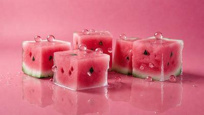The primary subject of the image is a close-up of a watermelon, which is the main object in the scene. The watermelon is placed on a pink surface, which serves as the background. The visual style of the image is a photo, capturing the details of the watermelon. The dominant colors in the image are pink and red, creating a warm and inviting atmosphere.