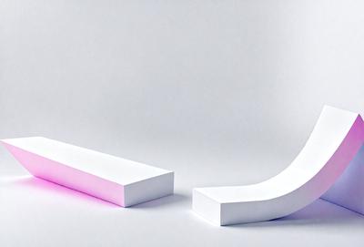 The primary subject of the image is a pair of white and pink rectangles, which are placed on a white background. The setting appears to be a studio or a workspace, as the rectangles are neatly arranged on a table. The visual style of the image is a combination of photo and digital art, as the rectangles are well-defined and the background is clean and uncluttered. The colors and mood of the image are predominantly white and pink, creating a calm and inviting atmosphere.