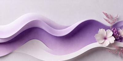 The primary subject of the image is a purple and white wave-like sculpture. The sculpture is made of paper and is displayed on a white surface. The setting appears to be a studio or an artistic environment. The visual style is a combination of digital art and illustration, as the paper sculpture is created using digital tools. The colors and mood of the image are predominantly purple and white, giving it a calm and serene atmosphere.