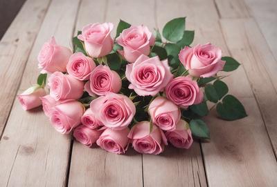 The primary subject of the image is a bouquet of pink roses. The setting is a wooden table, and the visual style is a photo. The bouquet is placed on the table, and the dominant colors are pink and white. The overall atmosphere is elegant and romantic.