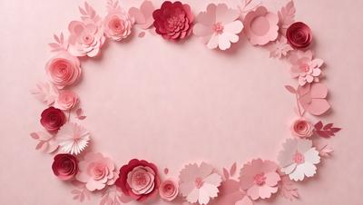 The primary subject of the image is a pink frame with a variety of pink flowers and leaves. The flowers are arranged in a circular pattern, creating a visually appealing and elegant display. The setting is a pink background, which complements the flowers and adds to the overall aesthetic of the image. The visual style is a combination of digital art and illustration, as the flowers and leaves are carefully crafted and placed within the frame. The colors and mood of the image are predominantly pink, which