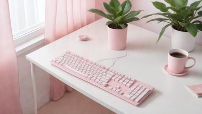 The primary subject of the image is a pink computer keyboard placed on a white desk. The setting is a room with a desk and a potted plant nearby. The visual style is a photo, and the colors and mood are predominantly pink and white, creating a calm and feminine atmosphere.