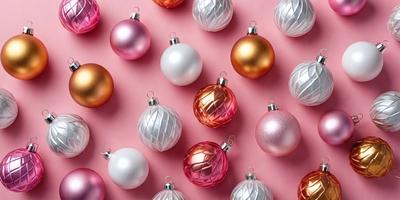The primary subject of the image is a collection of Christmas ornaments. The ornaments are predominantly pink and white, creating a festive and cheerful atmosphere. The setting is a pink background, which adds to the warm and inviting ambiance of the scene. The visual style of the image is a close-up of the ornaments, showcasing their intricate details and textures.