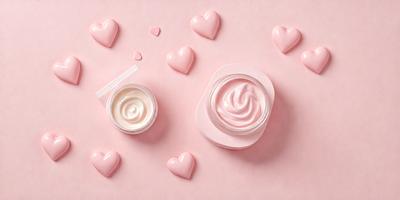 The primary subject of the image is a close-up of two containers of pink cream, likely face cream or lotion. The setting is a pink background, which adds a warm and inviting atmosphere to the scene. The visual style appears to be a photo, capturing the details of the containers and their contents. The colors and mood of the image are predominantly pink, creating a sense of comfort and relaxation.