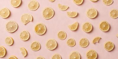 The primary subject of the image is a close-up of sliced lemons. The lemons are arranged in a pattern on a pink background, creating a visually appealing and vibrant scene. The visual style of the image is a combination of photo and digital art, as it captures the details of the lemons while maintaining a clean and organized appearance. The colors and mood of the image are predominantly warm and fresh, with the pink background complementing the bright and lively hues of the