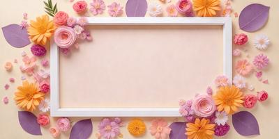 The primary subject of the image is a white frame with a pink background, featuring a variety of flowers. The setting is a close-up of the frame, showcasing the flowers and the pink background. The visual style is a combination of a photo and digital art, as the flowers are arranged in a visually appealing manner. The colors and mood of the image are predominantly pink, creating a warm and inviting atmosphere.