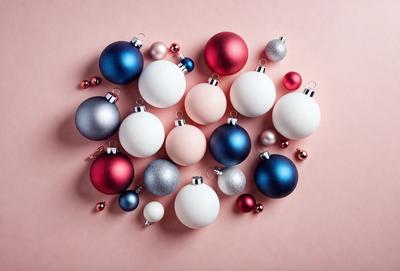 The primary subject of the image is a collection of Christmas ornaments. The ornaments are arranged in a visually appealing manner, creating a festive and joyful atmosphere. The setting is a pink background, which adds a touch of warmth and elegance to the scene. The visual style of the image is a combination of photo and digital art, resulting in a high-quality and detailed representation of the ornaments. The colors and mood of the image are predominantly warm and cheerful, with the pink background and