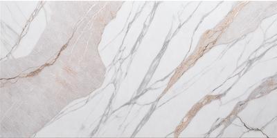 The primary subject of the image is a marble countertop with a white and brown color scheme. The setting is a kitchen, and the visual style is a photo. The countertop has a patterned design, and the overall atmosphere is elegant and sophisticated.