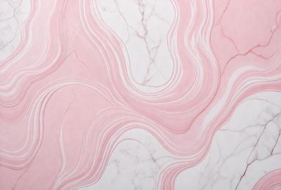 The primary subject of the image is a marbled pink and white stone wall. The setting is a room with a marbled wall, and the visual style is a close-up of the wall. The colors and mood of the image are predominantly pink and white, creating a warm and elegant atmosphere.