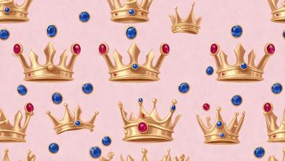 The primary subject of the image is a collection of golden and blue crown-shaped decorations. These decorations are arranged in a pattern, covering the entire image. The setting is a pink background, which adds a touch of color to the scene. The visual style is a combination of digital art and illustration, creating a unique and eye-catching design. The dominant colors are gold and blue, giving the image a warm and vibrant atmosphere.