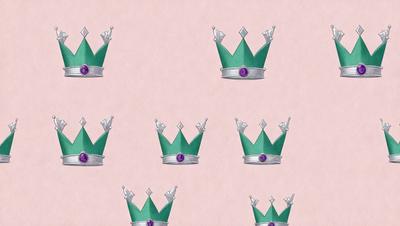 The primary subject of the image is a close-up of a crown, which is the main object in the scene. The setting is a pink background, and the visual style is a combination of digital art and illustration. The dominant colors in the image are green and purple, creating a vibrant and lively atmosphere.