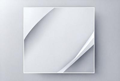 The primary subject of the image is a square-shaped mirror. The mirror is reflecting a white wall, creating a sense of depth and dimension. The setting is a room with a white wall, which serves as the background for the mirror. The visual style of the image is a combination of photo and digital art, as it appears to be a photograph of a digital art piece. The colors and mood of the image are predominantly white, giving it a clean and minimalist appearance.