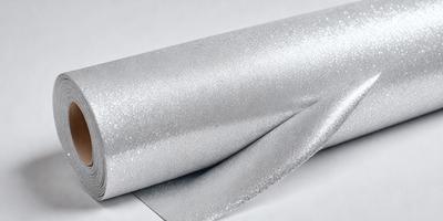 The primary subject of the image is a piece of shiny, metallic fabric. The fabric is silver in color and appears to be a metallic material. The setting is a white background, which provides a clean and uncluttered environment for the fabric. The visual style of the image is a close-up of the fabric, showcasing its texture and shine. The colors and mood of the image are predominantly silver and metallic, giving it a sleek and modern appearance.