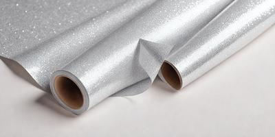 The primary subject of the image is a roll of silver metallic material, possibly a foil or a shiny paper, which is unrolled and laying on a table. The setting is a white table, and the visual style appears to be a close-up of the silver material. The colors and mood of the image are predominantly silver and white, giving it a clean and elegant appearance.