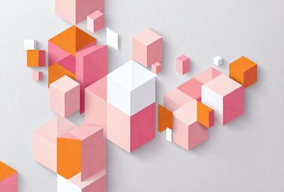 The primary subject of the image is a pink and white geometric pattern. The setting is a white background, and the visual style appears to be a combination of digital art and illustration. The dominant colors are pink and white, creating a warm and inviting atmosphere.