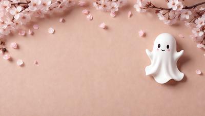 The primary subject of the image is a white ghost figurine, which is placed on a pink background. The setting appears to be a creative and playful environment, possibly a children's room or a themed space. The visual style of the image is a combination of photo and digital art, as it features a realistic ghost figurine and a pink background. The colors and mood of the image are predominantly pink and light-hearted, creating a fun and whimsical atmosphere.