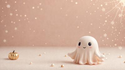 The primary subject of the image is a small, white, smiling ghost figurine. The setting is a pink background, which adds a warm and inviting atmosphere to the scene. The visual style is a combination of photo and digital art, creating a unique and eye-catching appearance. The colors and mood of the image are predominantly warm and cheerful, with the white ghost figurine being the focal point of the composition.