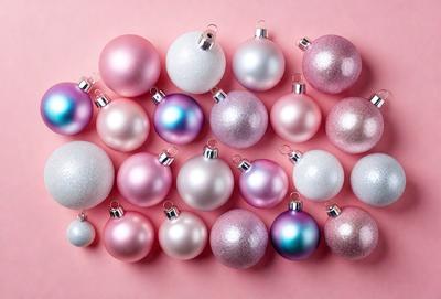 The primary subject of the image is a collection of Christmas ornaments. The ornaments are predominantly pink and silver, creating a festive and colorful display. The setting is a pink background, which adds to the holiday atmosphere. The visual style is a close-up of the ornaments, showcasing their details and colors. The overall mood of the image is joyful and celebratory, as it captures the essence of the holiday season.