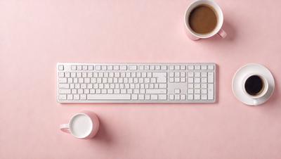 The primary subject of the image is a white computer keyboard placed on a pink surface. The keyboard is positioned in the center of the image, with a cup and a coffee mug placed on either side of it. The setting appears to be a workspace or a home office, with the keyboard being the main focus of the scene. The visual style of the image is a close-up of the keyboard, emphasizing its design and details. The colors and mood of the image are predominantly pink, creating a warm and