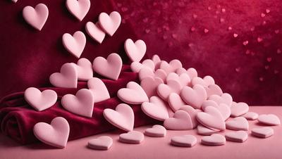 The primary subject of the image is a large pile of pink hearts. The hearts are made of a soft, pink material, and they are arranged in a stack. The setting is a red background, which adds a vibrant and warm tone to the scene. The visual style of the image is a combination of a photo and digital art, as the hearts are arranged in a visually appealing manner. The colors and mood of the image are predominantly pink, creating a sense of warmth and love.