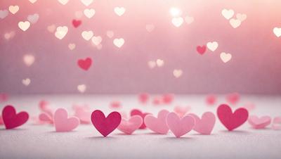 The primary subject of the image is a collection of pink hearts scattered across a white surface. The hearts are of various sizes and are arranged in a visually appealing manner. The setting appears to be a white background, which provides a clean and minimalistic look to the scene. The visual style of the image is a combination of photo and digital art, creating a unique and artistic representation of the hearts. The dominant colors in the image are pink and white, giving the scene a warm and inviting atmosphere.