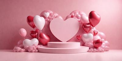 The primary subject of the image is a heart-shaped balloon, which is the main focus of the scene. The heart is placed on a pink pedestal, and it is surrounded by other heart-shaped balloons. The setting is a pink background, which adds to the overall mood of the image. The visual style of the image is a combination of photo and digital art, creating a unique and eye-catching display. The colors and mood of the image are predominantly pink,